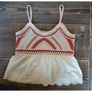 Womens Boho Crochet Tank Top Small Ivory Lace Peplum Babydoll Beachy Festival